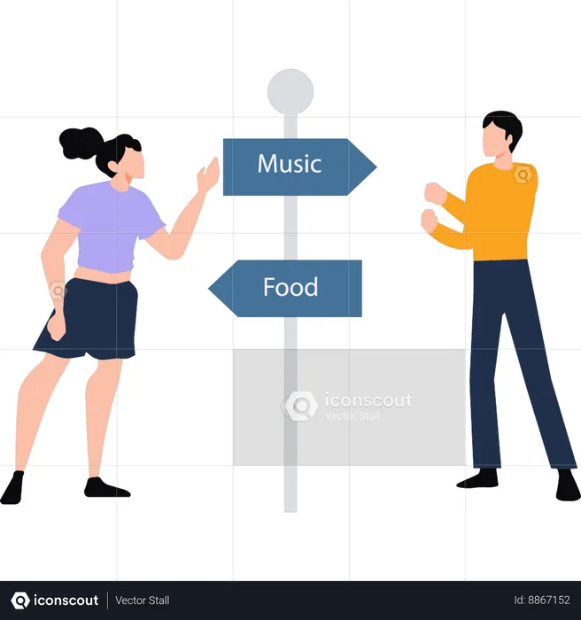 Boy and girl talking about direction board  Illustration