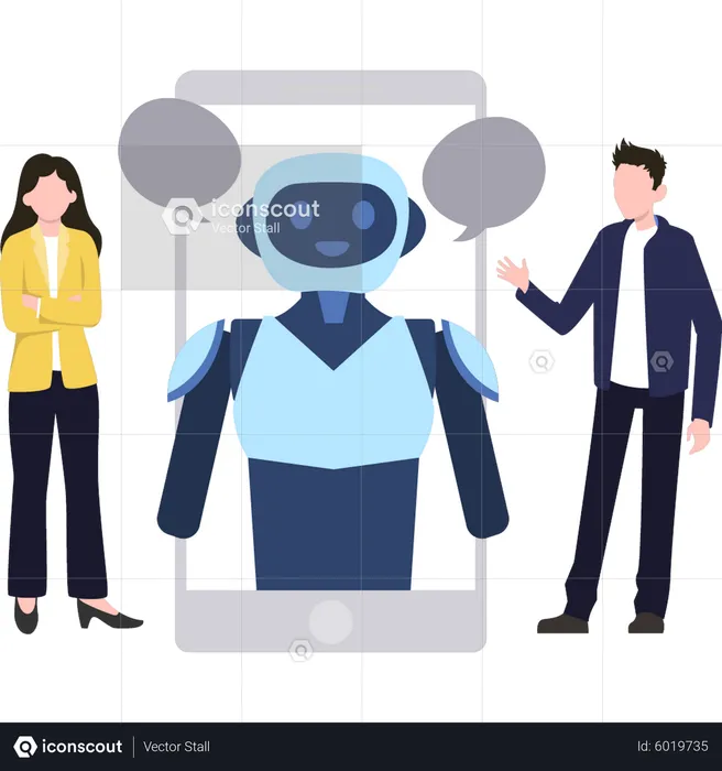 Boy and girl talking robot on mobile  Illustration