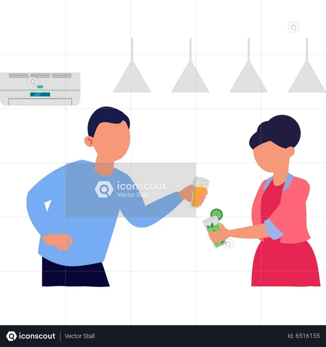 Boy and girl talking with drinking  Illustration