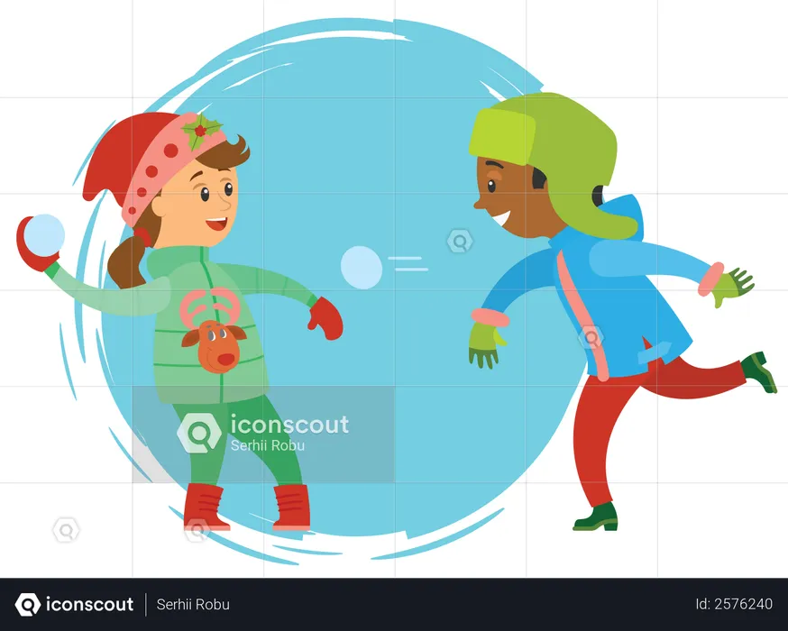 Boy and girl throwing snowball at each other  Illustration