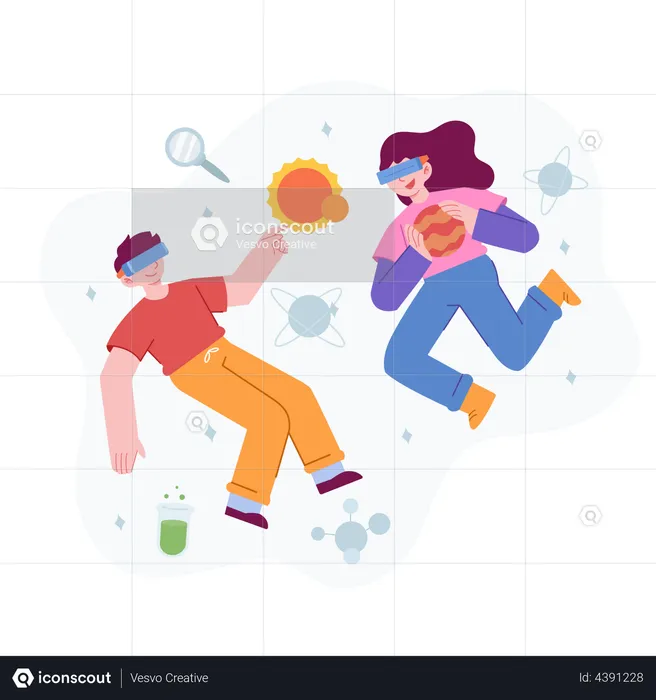Boy and girl using vr tech  Illustration