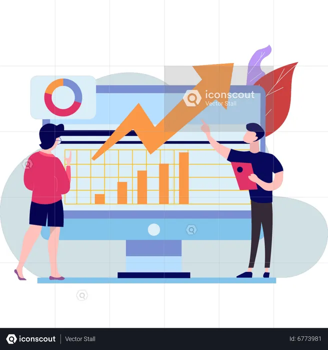 Boy and girl watching graph progress  Illustration