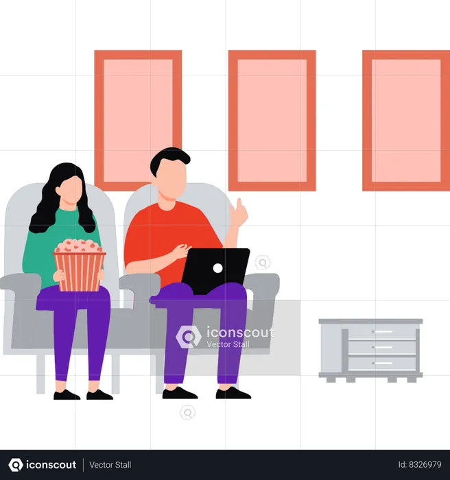 Boy and girl watching movie on laptop  Illustration