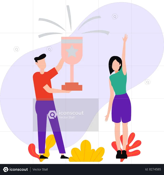 Boy and girl won the trophy  Illustration