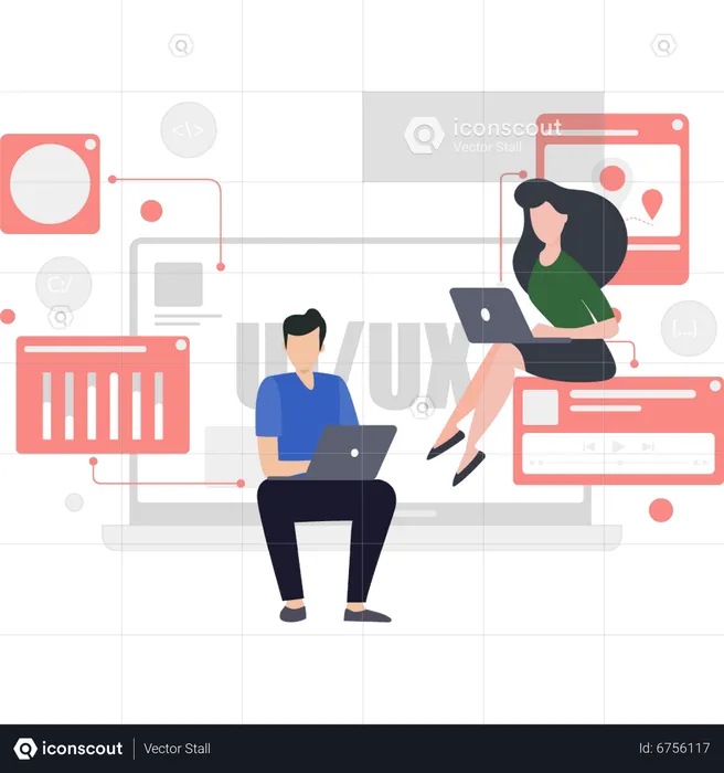 Boy and girl working in UX and UI  Illustration