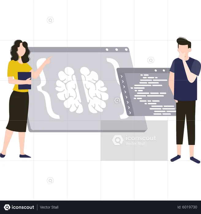 Boy and girl working on brain programming  Illustration