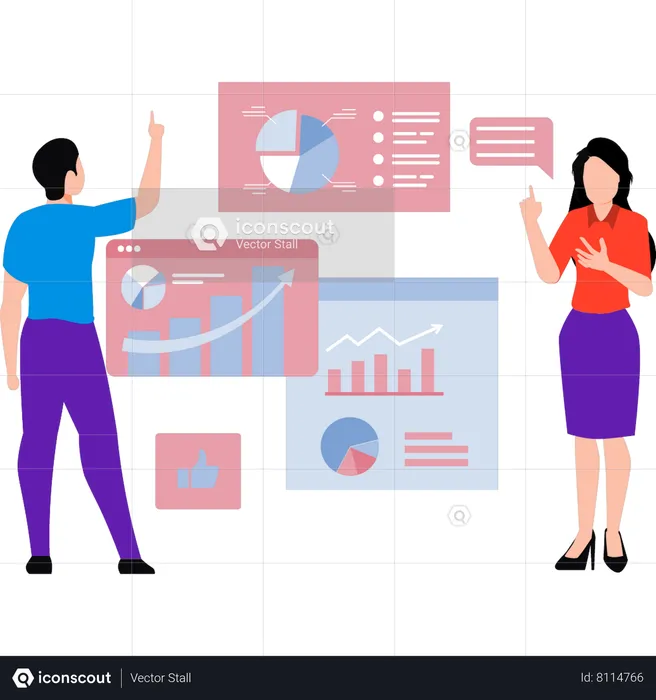 Boy and girl working on business chart graph  Illustration