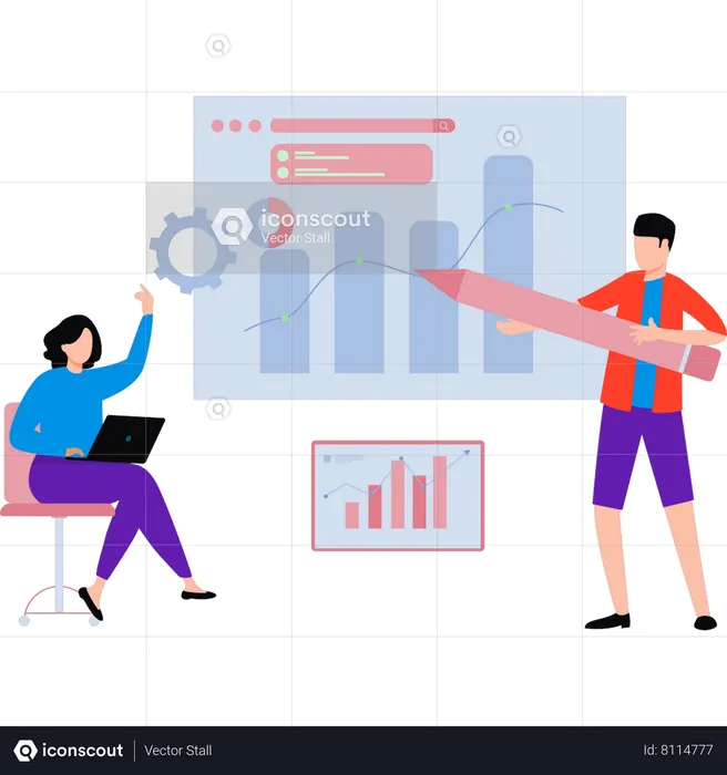 Boy and girl working on business graph  Illustration
