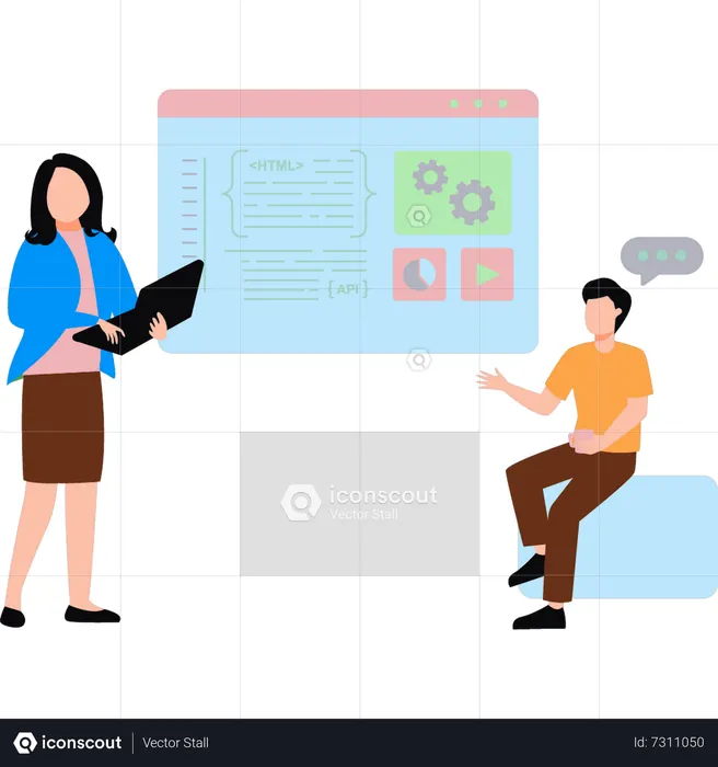Boy and girl working on HTML and API coding  Illustration