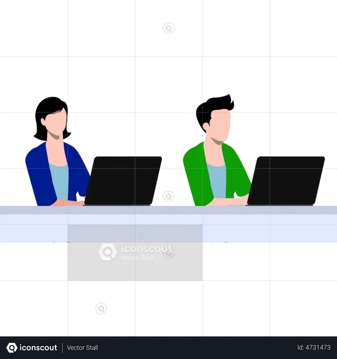 Boy and girl working on laptops  Illustration
