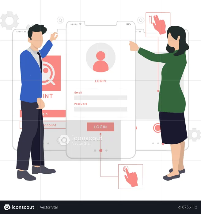 Boy and girl working on login page  Illustration
