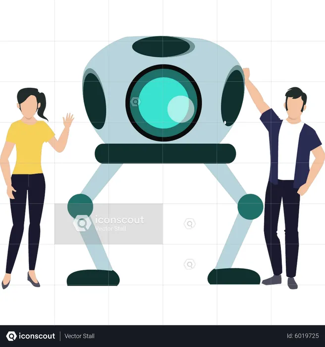 Boy and girl working on robotic technology  Illustration
