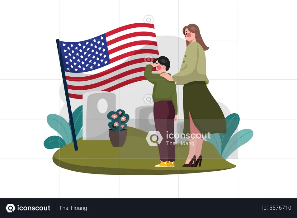 Boy and mother visit the grave of father  Illustration