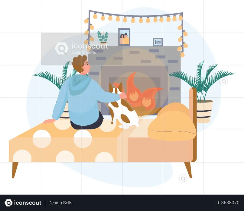 Boy and pet dog sitting in front of fireplace  Illustration