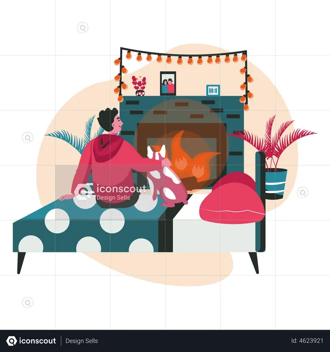 Boy and pet dog sitting in front of fireplace  Illustration