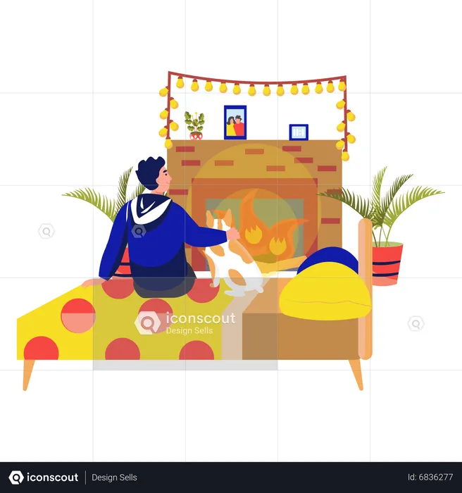 Boy and pet dog sitting in front of fireplace  Illustration