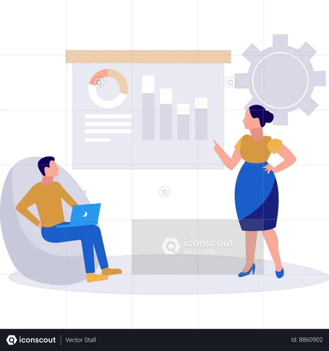 Boy and the girl are talking about business chart  Illustration