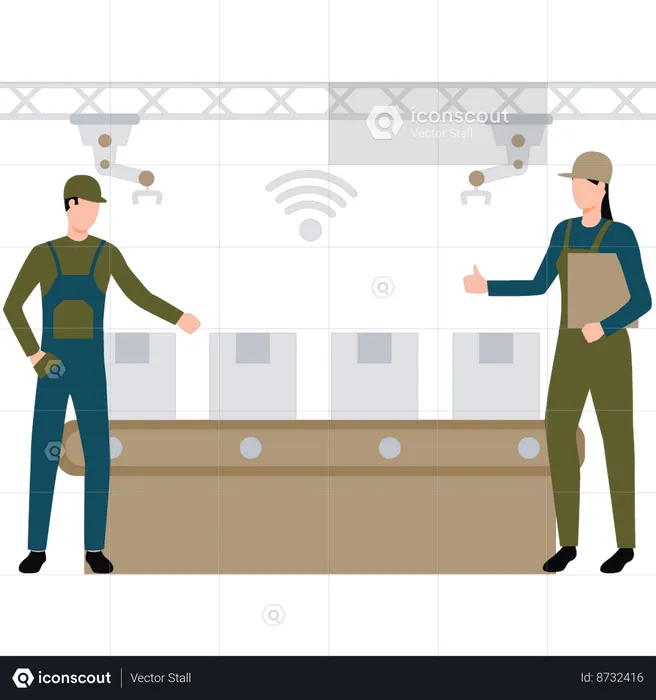 Boy and the girl are working near the conveyor machine  Illustration