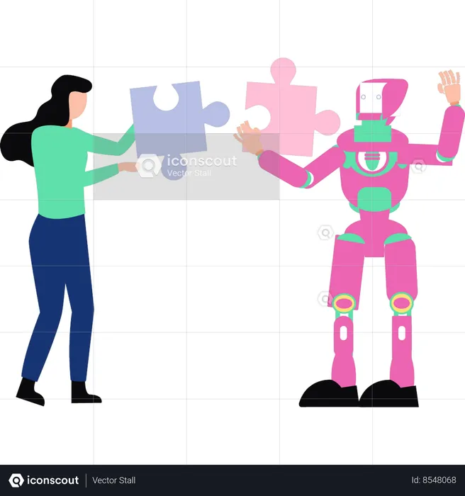 Boy and the robot are solving the puzzle  Illustration