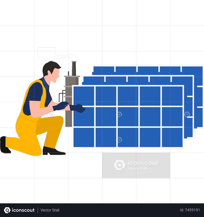 Boy arranging solar panel sheets  Illustration