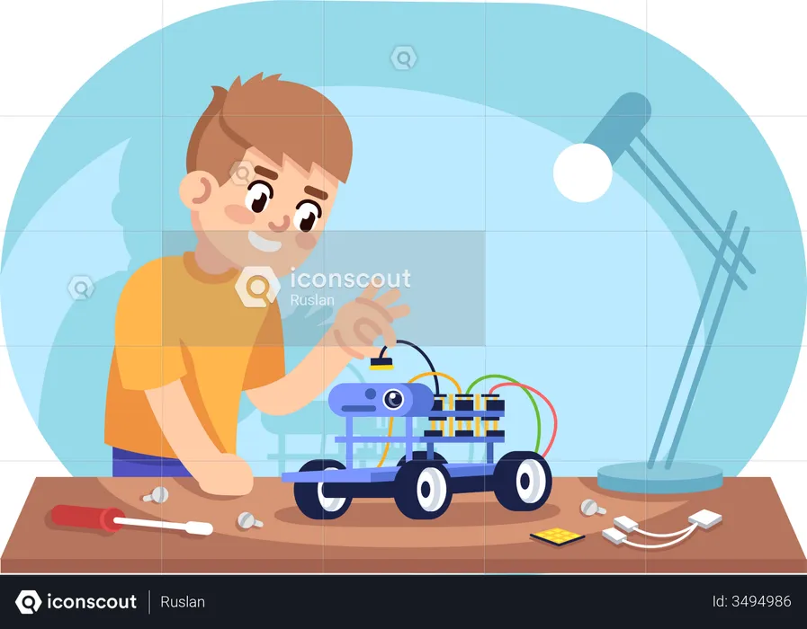 Boy assembling robot car  Illustration