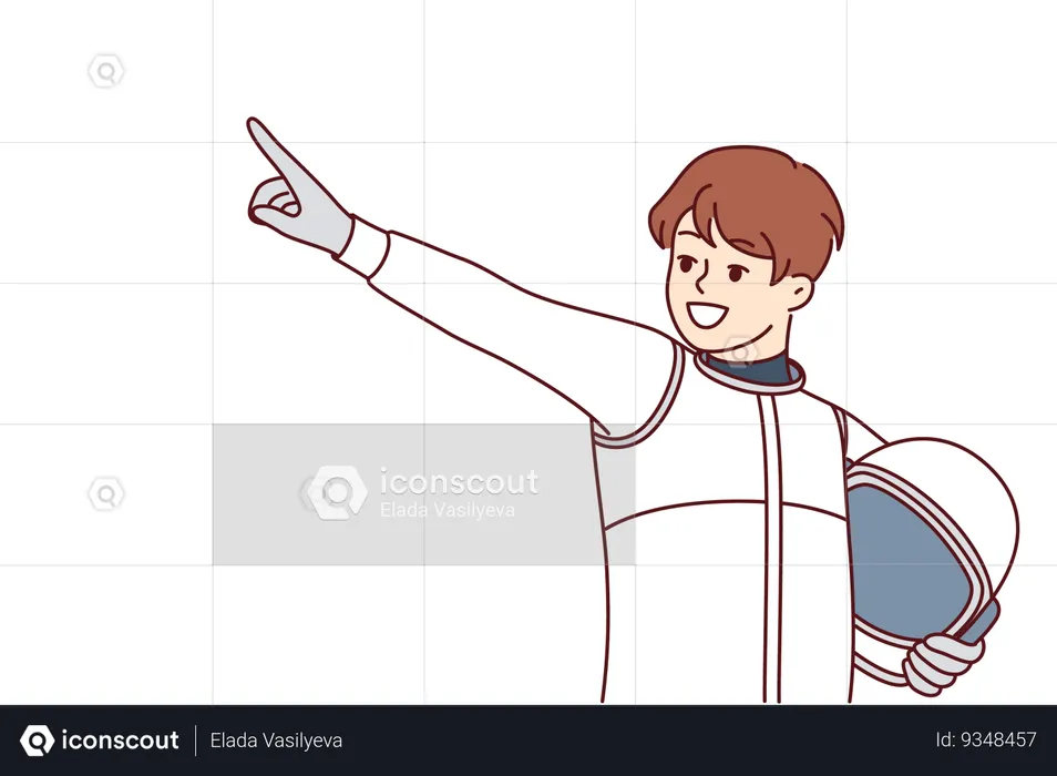 Boy astronaut points finger at star and holds spacesuit in hands for flight into space  Illustration