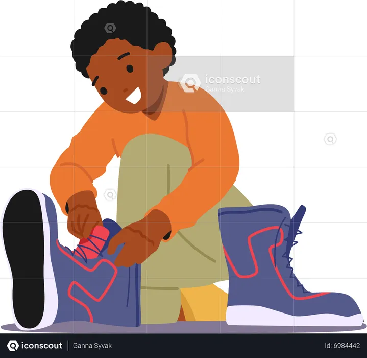 Boy attempting to fit into his father shoes  Illustration