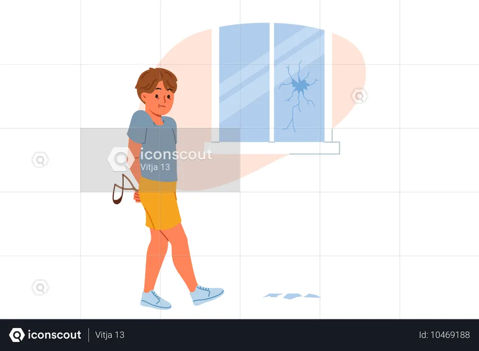 Boy breaks window with slingshot  Illustration