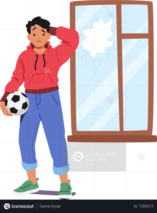 Boy Broke Window With Ball  Illustration