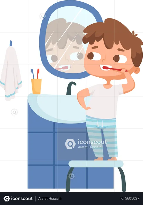 Boy brushing teeths in morning  Illustration