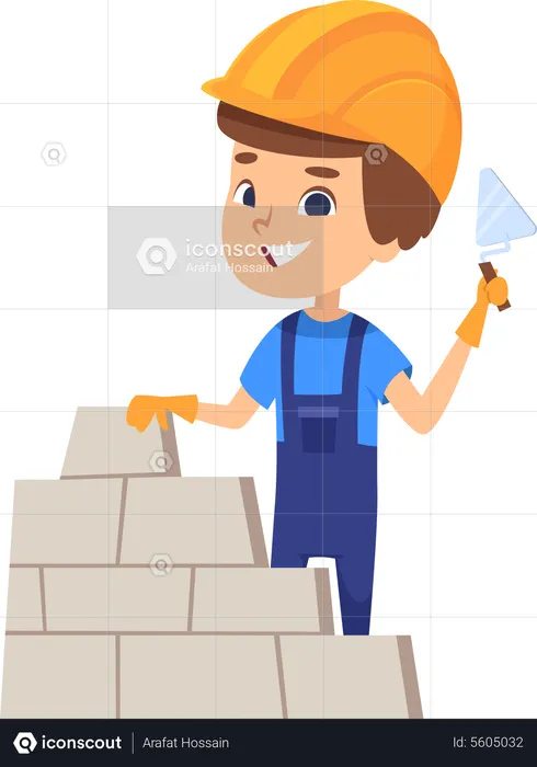 Boy building brick wall  Illustration