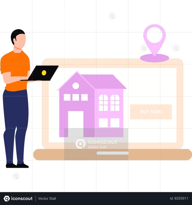 Boy buying house online  Illustration