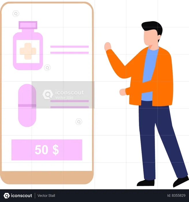 Boy buying medicine online  Illustration
