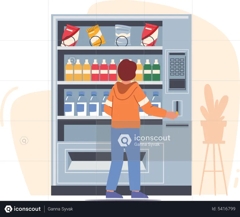 Boy buying snacks from vending machine  Illustration