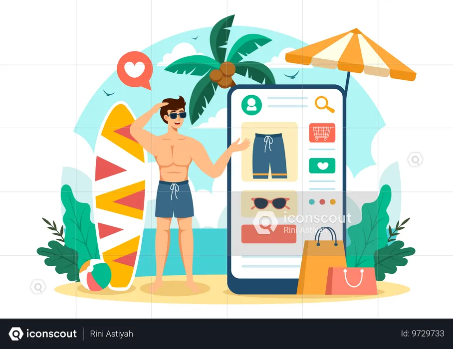 Boy buying swimsuit online  Illustration