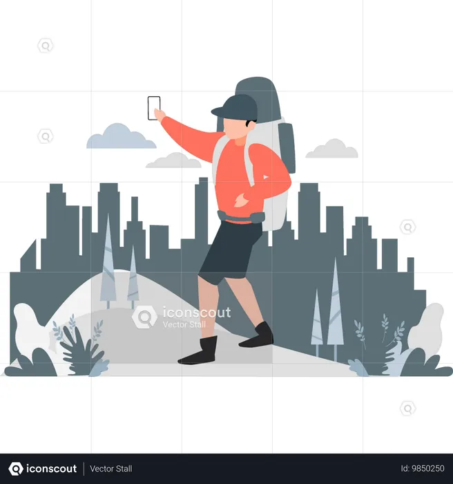 Boy capturing nature beauty in mobile  Illustration