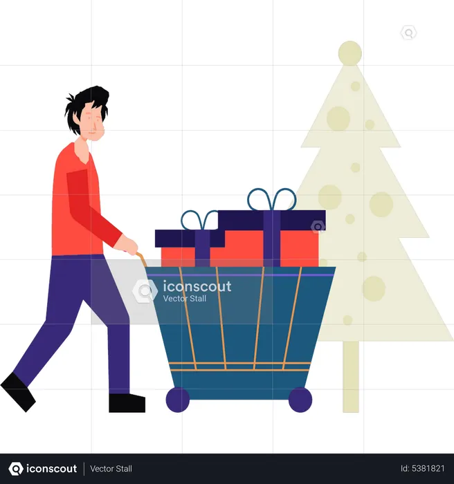 Boy carrying a gift trolley  Illustration