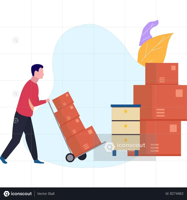 Boy Carrying Boxes On Trolley  Illustration