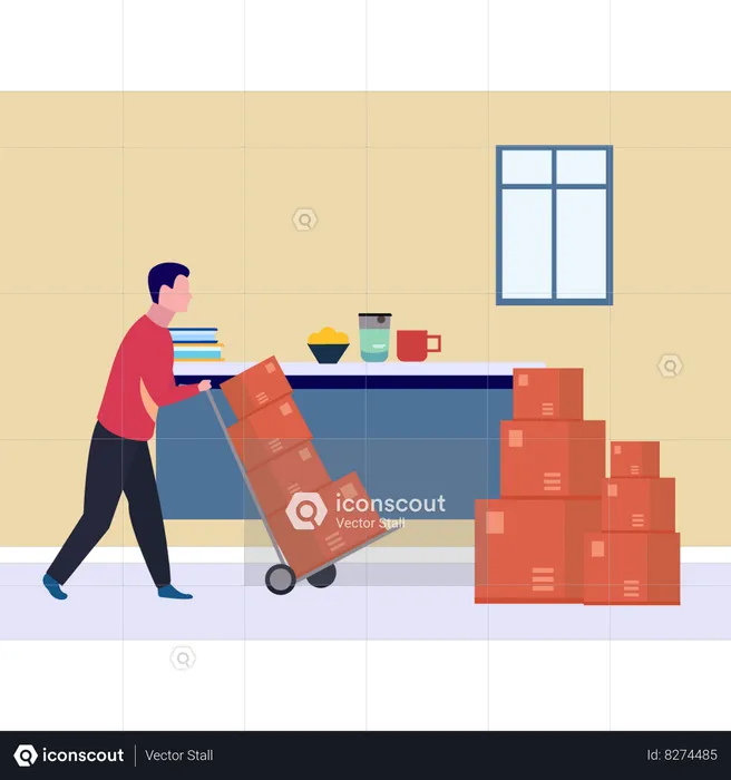 Boy Carrying Boxes On Trolley  Illustration