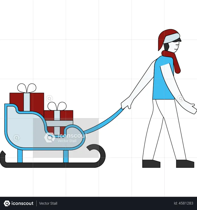 Boy carrying gift sledge  Illustration