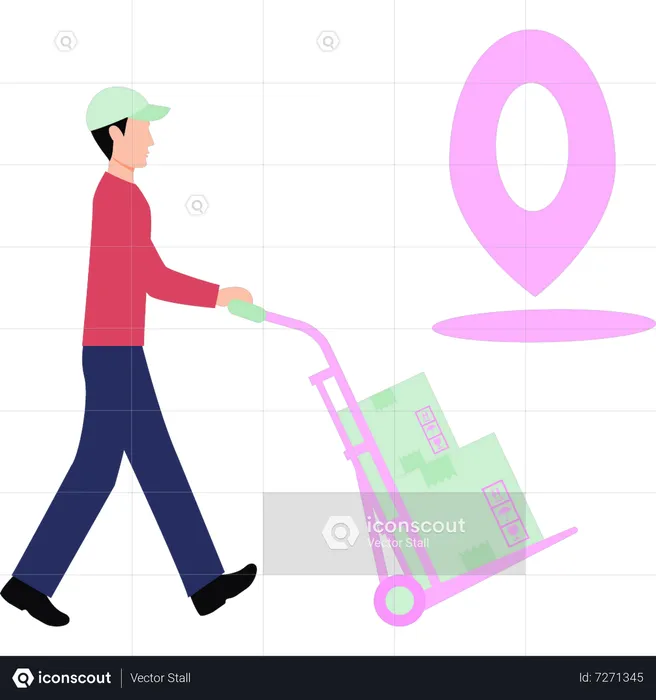 Boy carrying parcel trolley  Illustration