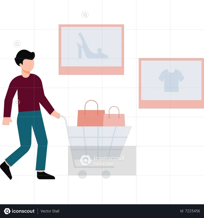 Boy carrying shopping trolley  Illustration