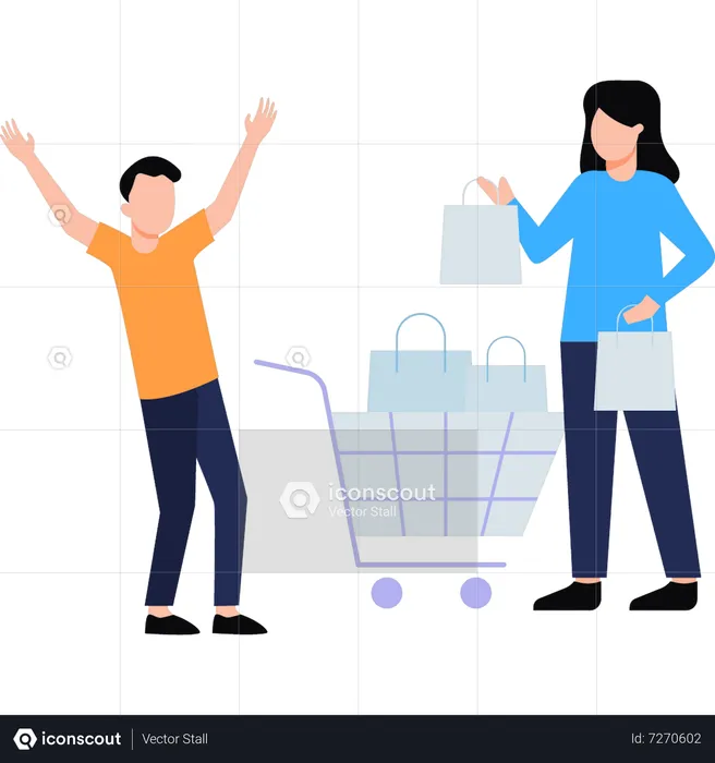 Boy carrying shopping trolley and girl carrying shopping bag  Illustration