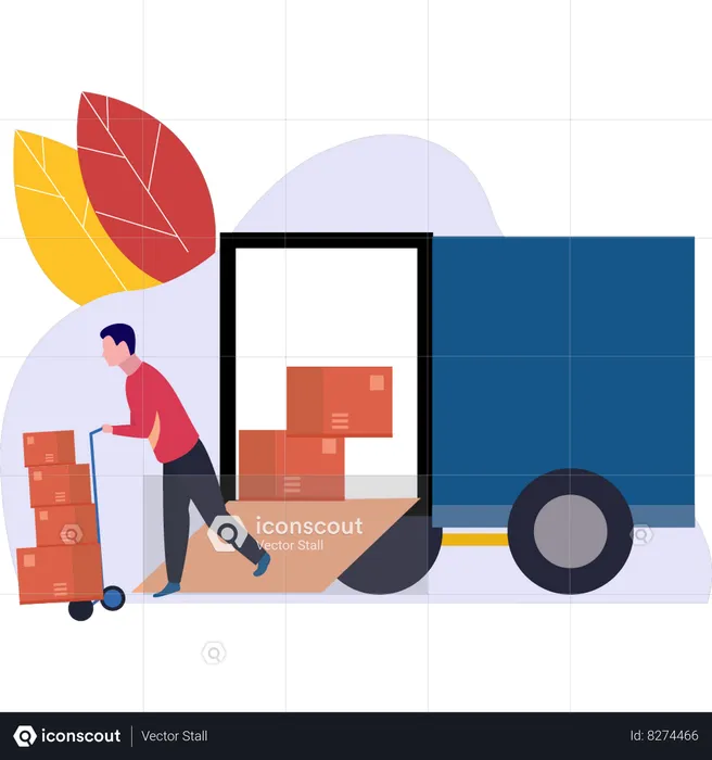 Boy Carrying Trolley Of Boxes  Illustration