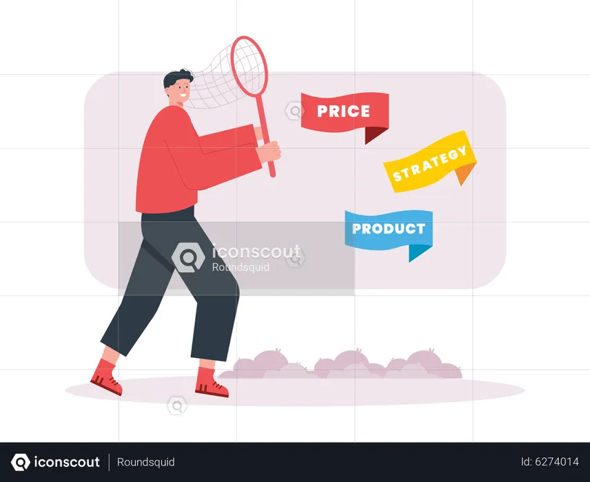 Boy catching correct price product  Illustration
