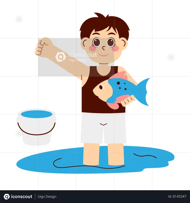 Boy Catching Fish  Illustration