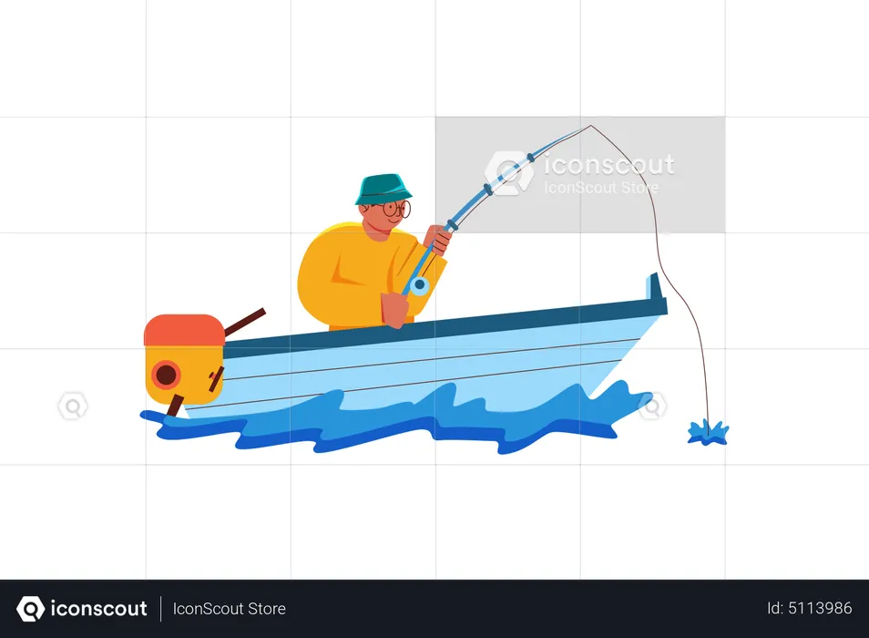 Boy catching fish from boat  Illustration
