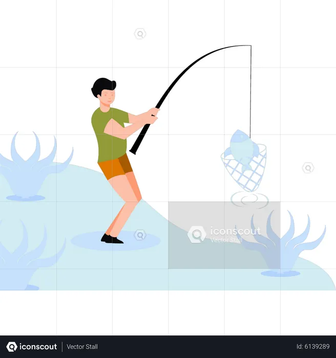 Boy caught the fish in the net  Illustration