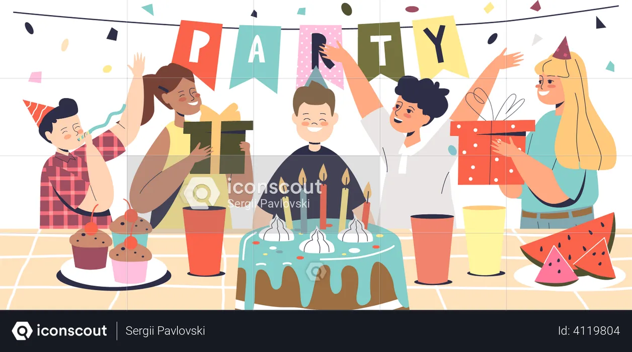Boy celebrate birthday with friends  Illustration