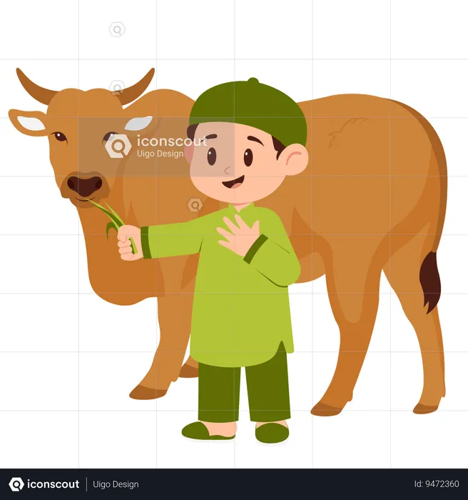Boy Celebrate Eid Al Adha With Cow  Illustration
